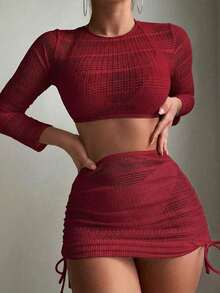 Swim Conjunto de bikini de unicolor con parte superior y falda de cobertura, con escote halter y lazos, para mujer en verano - Rojo - Ver 3