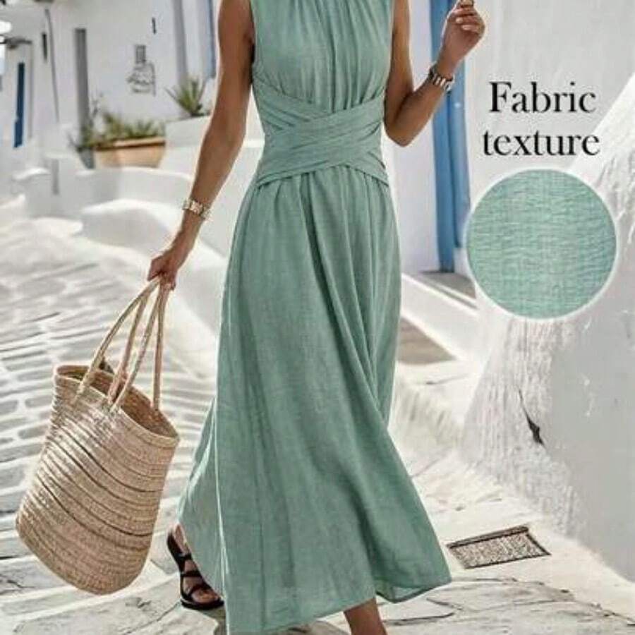 Vestido casual sin mangas de color verde oliva para mujer con diseño de cintura cruzada, estilo minimalista que muestra elegancia, adecuado para uso diario, té de la tarde, reuniones casuales y viajes de negocios ligeros - verde menta - Ver 1