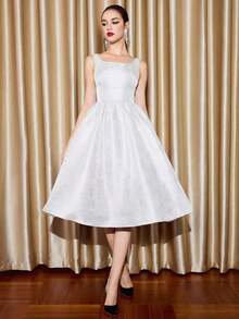 Vestido mini de línea A con cuello barco, textura jacquard, sin mangas, cintura definida y bolsillos. Vestido vintage elegante para mujer, perfecto para fiestas, navidad, acción de gracias, invierno, fiesta de bienvenida, otoño, vestido de princesa, traje de navidad, vestido azul real, vestido formal negro para mujer. - Blanco - Ver 3
