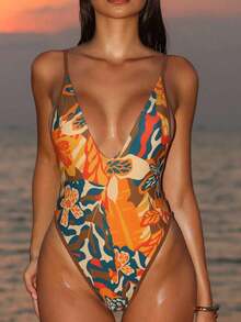 Swim  Women's Deep V-Neck Backless Bowknot Tie Floral Printed Sexy One-Piece Swimsuit, Summer Beach - 多色 4 - 查看 5