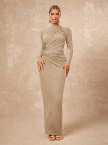 xheLumalex Vestido elegante de manga larga, ajustado y plisado de unicolor para mujerxhe - Caqui - Ver 5