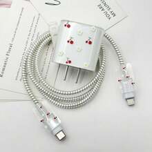 5pcs/Set 18W/20W Charger Adapter TPU Protective Case Compatible With IPhone, Anti-Fall, Floral, Cherry, Fruit Patterns, Cute & Minimalist Style, Data Cable Anti-Bite Protector, Ideal Gift For Girls - White Chrysanthemums and Red Cherries - View 4