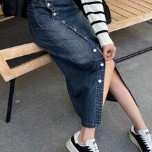 guangzhougaolangshangmao  Falda vaquera con decoración de botones para mujer, casual y de moda para uso diario - Azul lavado medio - Ver 8