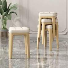 1pc Solid Wood Button Tufted Square Stool, Soft Padded Ottoman Stool, Modern Minimalist Vanity Chair, Multi-Functional Entryway Shoe Bench, Suitable For Living Room Bedroom Home Furniture - Beige - View 1
