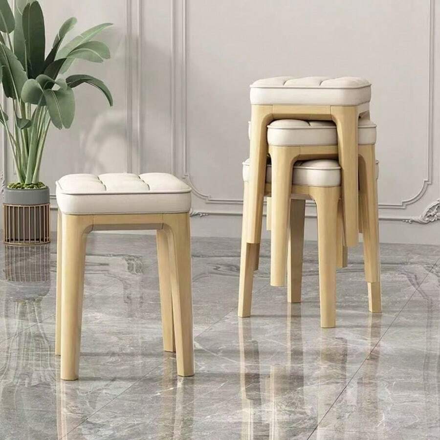 1pc Solid Wood Button Tufted Square Stool, Soft Padded Ottoman Stool, Modern Minimalist Vanity Chair, Multi-Functional Entryway Shoe Bench, Suitable For Living Room Bedroom Home Furniture - Beige - View 1