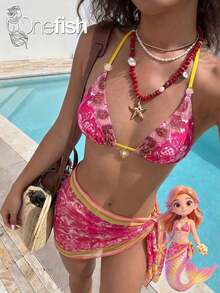 Conjunto de Bikini para Mujer Onefish 2026, Elegante Conjunto de Bikini Sexy con Estampado Floral y Tiras Halter, Ropa de Resort para Mujer, Traje de Baño para Mujer, Verano, Conjunto de Verano para Mujer, Bikini de Playa para Mujer Verano 2026, Ropa de Verano para Vacaciones - Rosa Fucsia - Ver 2