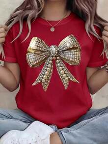 Elegant Summer T-Shirt For Women, White, With Luxury Gold Bow Print With Pearls And Diamonds, Casual Short Sleeve T-Shirt, Flirty And Elegant Style, Modern Soft And Breathable Top With Jewelry Graphic, Fashionable French Youth Blouse For Summer And Party - 紅色 - 查看 11
