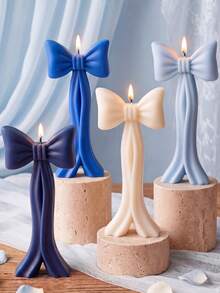 1/4pcs Aesthetic Vertical Ribbon Bow Scented Candles, Elegant Navy Blue, Blue, Light Blue, Cream Set, Smokeless Aromatherapy, Suitable For Back To School Dorm Decor, Summer Wedding Table Decor, Romantic Graduation And Female Friend Birthday Gift - Elegant Blue & Cream Set - View 3