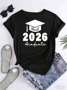 Camiseta de Graduación con Diseño de Gorro de Graduado 2026 para Celebración de Graduación 220g - Negro - Ver 3