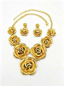 1件項鍊與1件耳環套組，時尚女款鍍金花朵吊墜銅製珠寶套組，2件裝，適用沙烏地阿拉伯、歐洲、中東、杜拜、非洲，新娘、婚禮、派對、禮服配件，母親節、情人節、生日、節日送給媽媽與女友的禮物 - 金黃色 - 查看 2