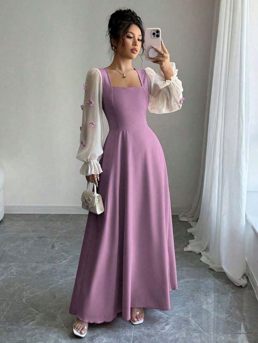 Vestido de mujer con parches tejidos, decoración de lazo y cintura ceñida - Morado - Ver 1