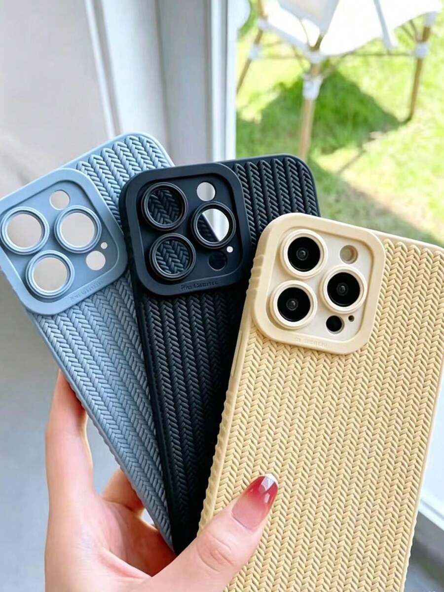 3 PiecesFull Coverage Anti-Drop Woven Texture Phone Case For Apple - Multicolor - View 1