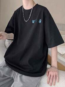 Camiseta de color liso talla grande,Camiseta con estampado de letras,Adecuado para desplazamientos diarios, actividades al aire todas las estaciones. - Negro - Ver 3