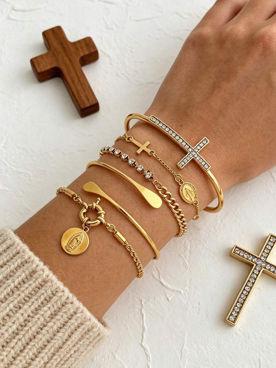 Set de 5 piezas de pulsera vintage con cruces de strass, accesorios de joyería multicapa con tono dorado para mujeres - Dorado - Ver 1