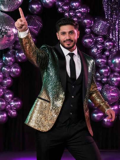 Áo khoác vest đính sequin chuyển màu cho nam, trang phục biểu diễn sân khấu sáng bóng, phong cách hộp đêm và quán bar