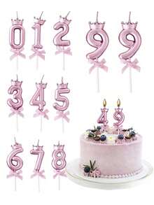 粉色0-9数字生日蛋糕装饰，3D数字蛋糕插牌，0-9数字生日蜡烛，18岁、30岁、40岁、50岁、60岁生日蛋糕装饰，皇冠蝴蝶结生日蜡烛，粉色蝴蝶结生日蛋糕装饰，适用于派对、婚礼、周年纪念蛋糕装饰，生日派对用品 - 彩色 - 查看 3