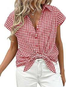 Puff Sleeve Striped Ruffle Blouse V Neck Button Front Summer Top Chic Casual Work Office Outfit For Women - 紅色格子 - 查看 2