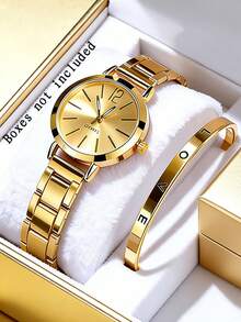 Bộ trang sức cao cấp gồm đồng hồ thạch anh nhỏ gọn bằng thép không gỉ và vòng tay, dây chuyền, nhẫn và bông tai thiết kế rỗng, đồng hồ đeo tay kim loại mạ vàng, thiết kế khảm nạm tinh tế, phù hợp cho sử dụng hàng ngày, dự tiệc, tiệc chiêu đãi, trang phục thanh lịch, quà tặng sinh nhật, quà tặng năm mới, quà tặng ngày Valentine cho người yêu. - Vàng - Xem 3