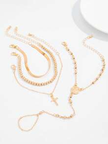 4pcs/Set Classic Basic Gold Flat Snake Cross Knuckle Bracelet, Lightweight Minimalist CCB Beaded Bracelet, Fashionable Jewelry For Women, Suitable For Daily Wear, Music Festivals, Dates - Chain Length Can Be Customized - Gold - View 3