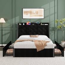 Platform Bed Frame With 4 Storage Drawers – Button Tufted Upholstered Wingback Headboard – Built-In Charging Station – Strong Wooden Slat Support – No Box Spring Needed – Easy Assembly - Black - View 7