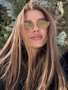 1pc Frameless High-End Fashion Retro Oval Small Frame Fashion Glasses, Versatile Street Style For Women - Gold Frame Tea Leaves - View 3