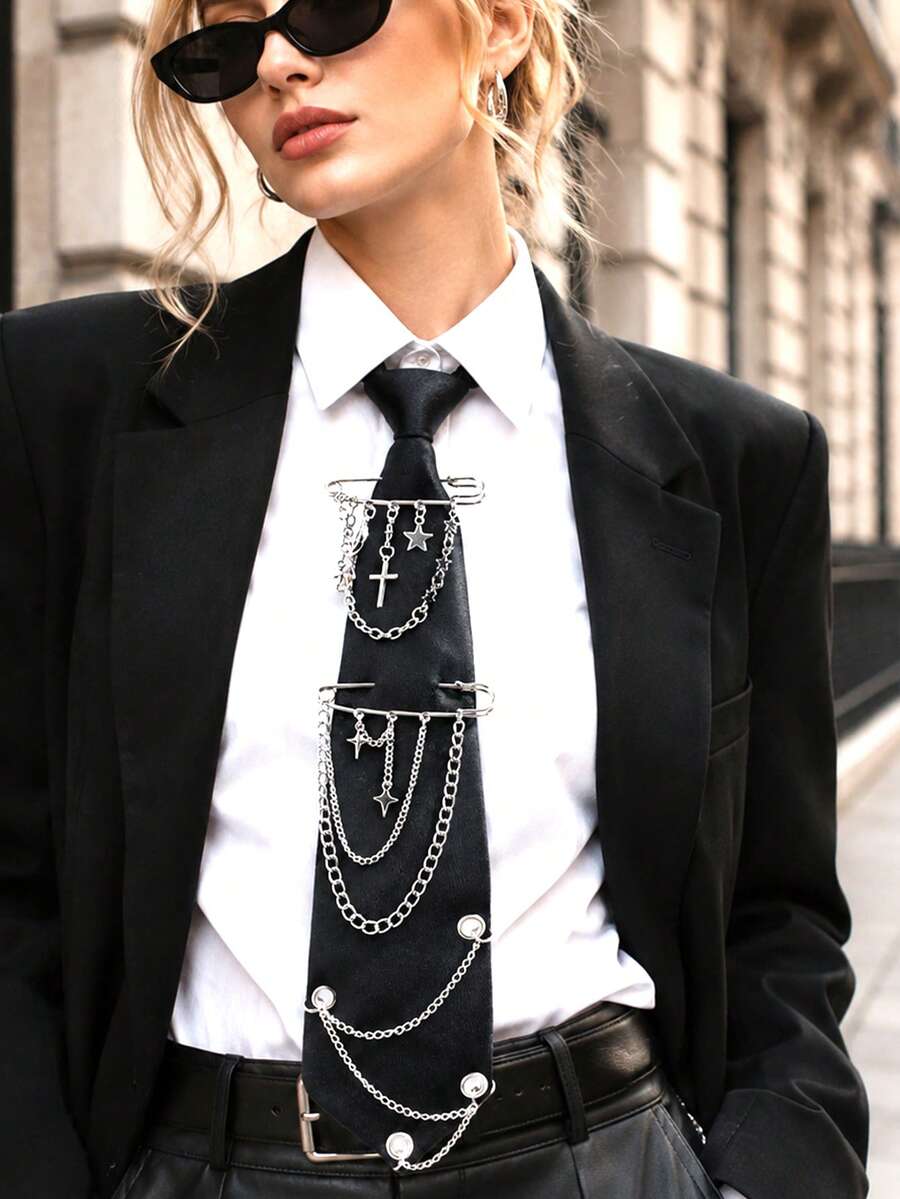 1 chiếc cà vạt thắt sẵn màu đen phong cách retro punk unisex, dây chuyền nhiều lớp hình thánh giá và ngôi sao bằng bạc, phù hợp để phối cùng trang phục phong cách gothic tiên phong. - Kẹp tóc hình sao và trăng - Không cần tiêm - Xem 1