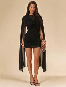Vestido mini negro transparente sin espalda de malla, sexy y transparente, adecuado para vacaciones, atuendos de verano, elegante para mujeres - Negro - Ver 5