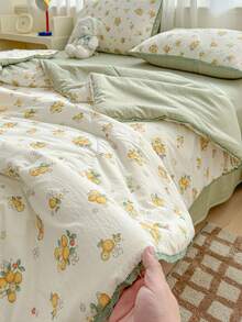1pc Fresh Plant Pattern Summer Quilt Air Conditioning Quilt Quilted Blanket, Pillowcase Not Included, Cute Pastoral Style, Soft Comfortable Ruffle Design Summer Quilt Quilted Bedding, Suitable For Dormitory, Bedroom, Apartment, Etc., Suitable For Spring And Summer - Sprout Green - View 6