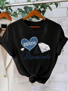 [Pantalones impresos - No tela de mezclilla] 1 pieza Camiseta de manga corta con cuello redondo y estampado de corazón y diamantes de mezclilla de imitación para mujer, Top de moda casual para mujer, ropa de moda para mujer, regalo de vacaciones, cumpleaños  Regalo - Negro - Ver 10