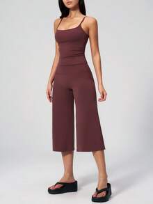 TimeOff Women's One Set Solid Color Adjustable Strap Camisole And Wide Leg Pants Sports Suit - Red - View 7