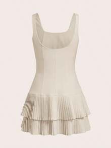 Vestido corto sin mangas de cuello redondo con pliegues de unicolor para mujer - Albaricoque - Ver 8