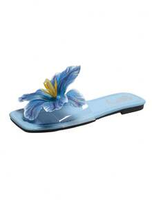 2026 Nuevos diseños de sandalias cuadradas con decoración floral plana, sandalias de playa amarillas para damas adecuadas para el verano, la playa, atuendos casuales y fiestas - Azul menta - Ver 6