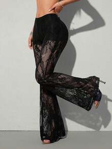 ICON Pantalones acampanados de talle bajo con encaje, de uso elegante y de moda para mujer, inspirados en el estilo y Y2K - Blanco - Ver 10