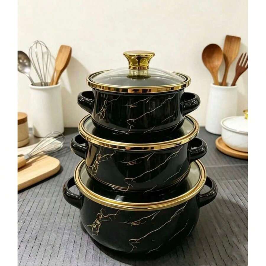 طقم أواني طهي مطلية بالمينا مناسب للموقد الحثي والموقد الغازي، المقاسات: 12 سم، 14 سم، 16 سم - مشاهدة 1