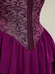 ICnn Vestido corto de gasa con volantes en el hombro, cintura fruncida y estampado jacquard para mujer, elegante para fiestas y uso casual - Morado - Ver 8