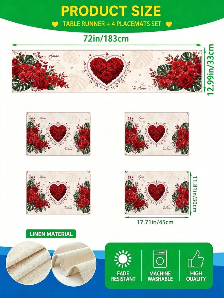 Bộ 1 khăn trải bàn bằng vải lanh in hình hoa hồng đỏ và trái tim, kèm tấm lót bàn, trang trí bàn hình chữ nhật lãng mạn với họa tiết hoa, chịu nhiệt và có thể giặt được, thích hợp cho nhà hàng, đám cưới, ngày Valentine lãng mạn, kỷ niệm, tiệc tùng và trang trí nhà bếp mùa hè. - Nhiều màu - Xem 3