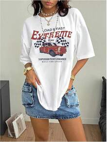 Y2K - Women's T-Shirts With Lip Print, Round Neck, Short Sleeve, Loose Fit And Versatile Shirt - White Car - View 3