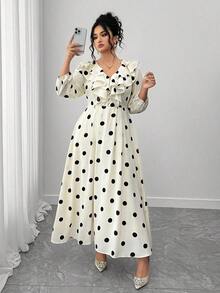 Vestido largo de manga larga con cuello en V, volantes y estampado de lunares, talla grande, para mujer - Multicolor - Ver 3