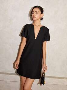 Vestido corto recto de unicolor con cuello en V y manga corta para mujer, conjunto de ropa casual de negocios para vacaciones de verano elegante en color blanco - Negro - Ver 3