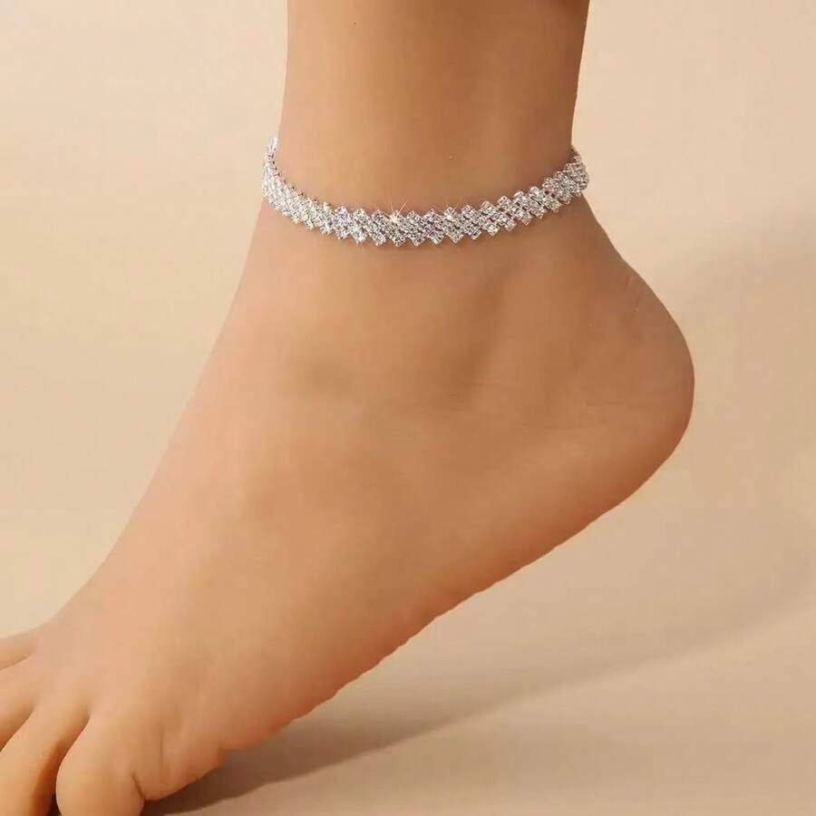 Vòng chân đính đá Cubic Zirconia lấp lánh, vòng chân bạc thời trang nữ, trang sức đeo chân kiểu sandal không đế, quà tặng kỷ niệm. - Nhiều màu - Xem 1