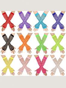 1 Pair D EXCEED Long Fingerless Rhinestone Fishnet Gloves, Shiny Sequin Neon Fingerless Fishnet Gloves, Suitable For Emo Goth Punk 80s Party Costume Accessories,Halloween - Multicolor - View 3