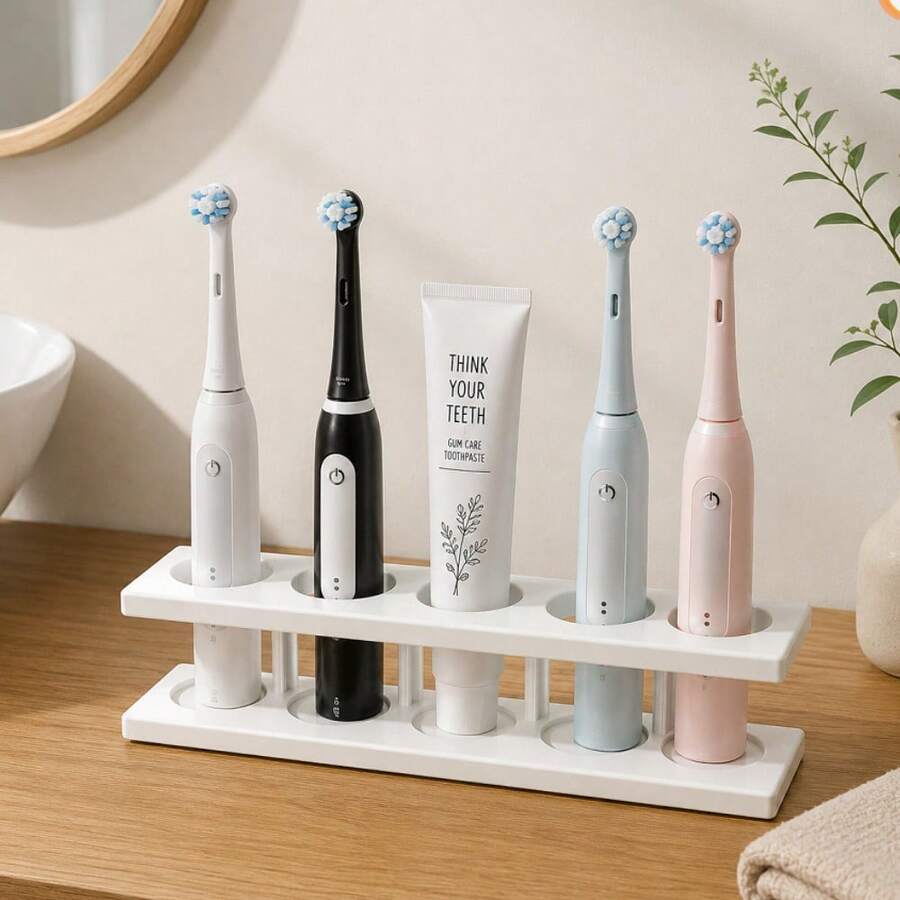 1pc No-Drill Drainage Bathroom Storage Rack, 5-Slot Electric Toothbrush And Toothpaste Holder, Sink And Vanity Countertop Organizer