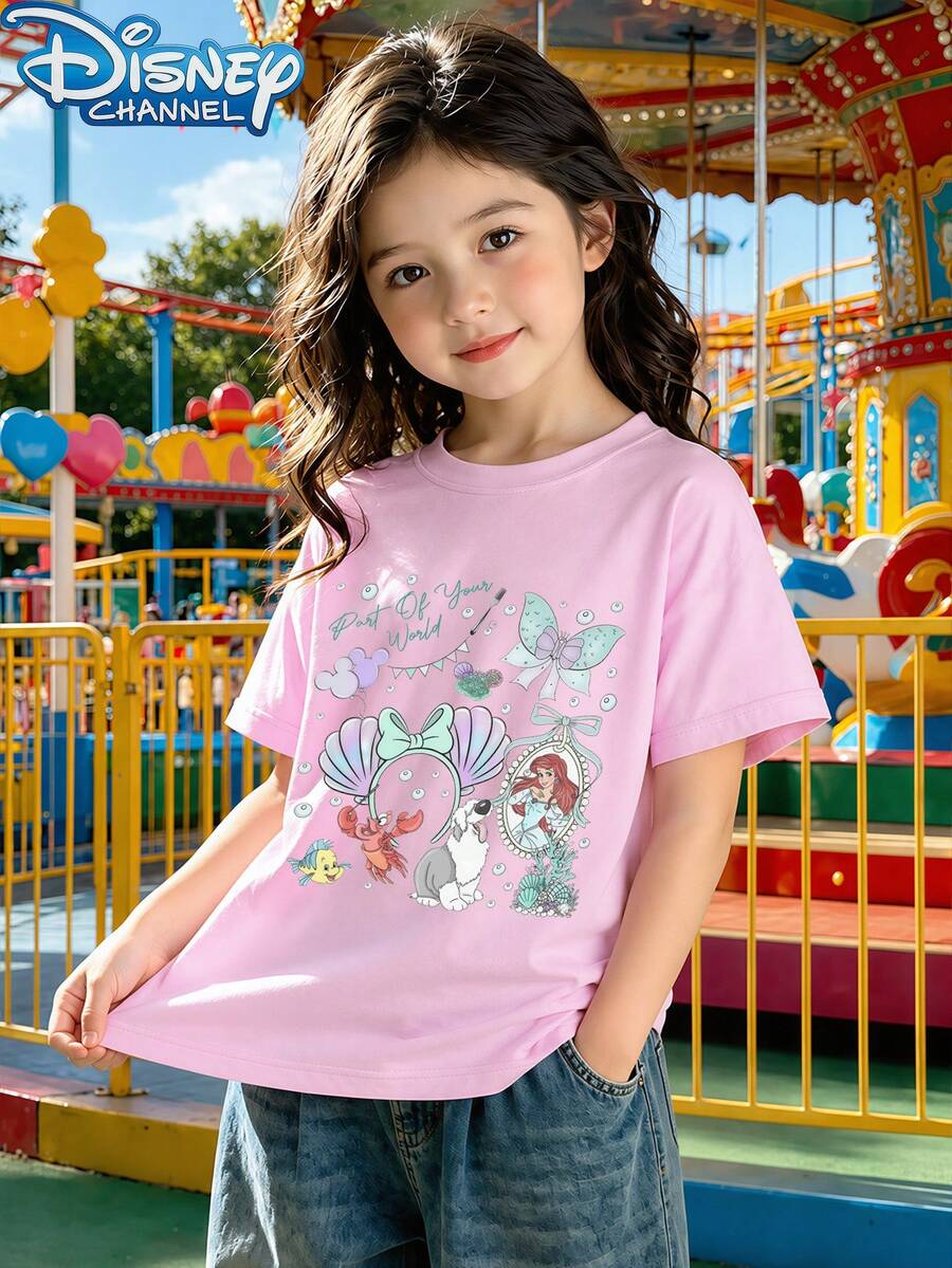 Disney 1 Piece Teen Girls Ariel Underwater World Print Short Sleeve T Shirt Summer Casual Baby Tee Teen Girl Clothes Summer Clothes Summer Tops Cute Tops - Hồng - Xem 1