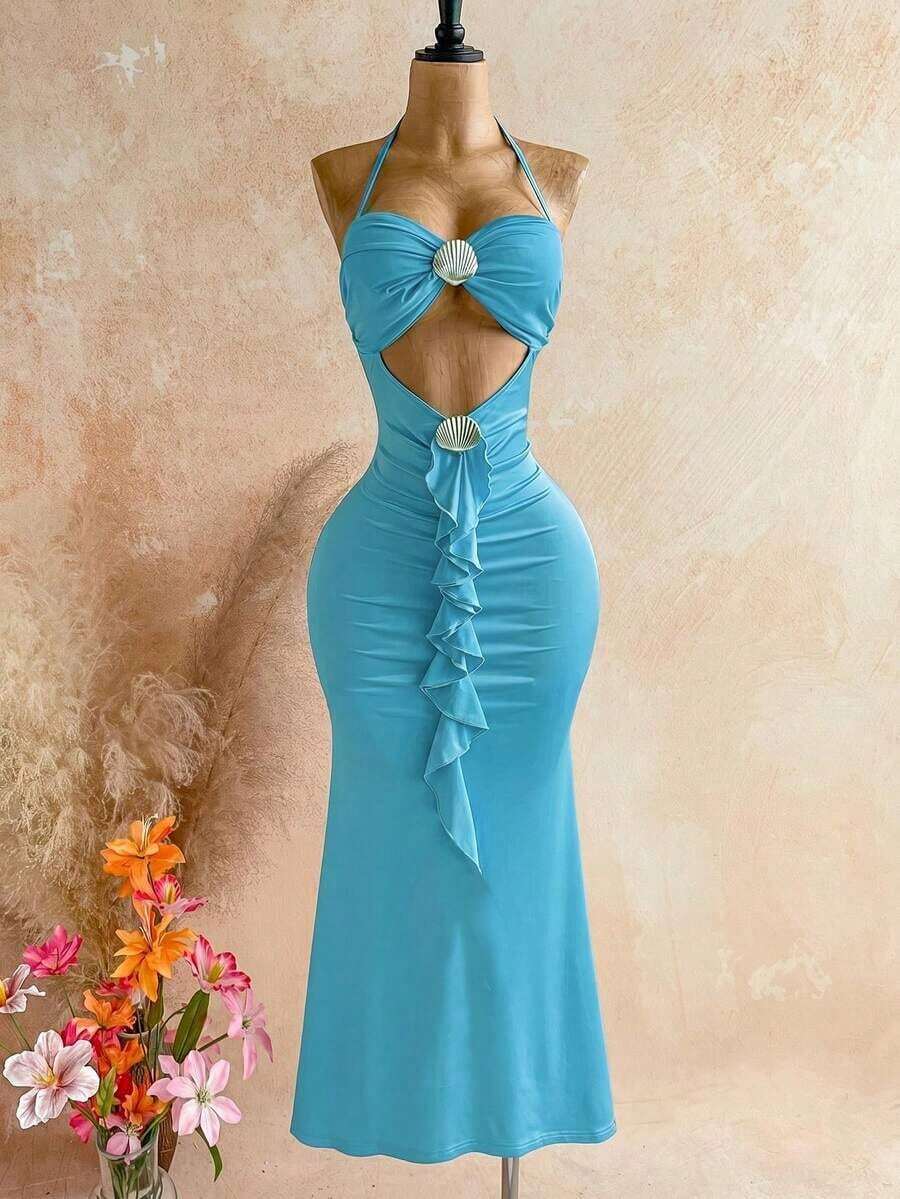 Vestido de verano con escote halter, espalda descubierta, acento metálico de concha, diseño acanalado y bajo de cola de pez para mujer, ideal para vacaciones en la playa - Agua verde azul - Ver 1