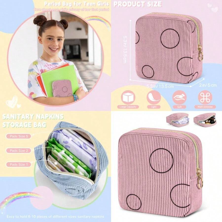Period Bag For Teen Girls -  Pouch - Corduroy Portable Sanitary Pad Bags - Holds 6-10 Pads - Pink - Corduroy Pink - View 1
