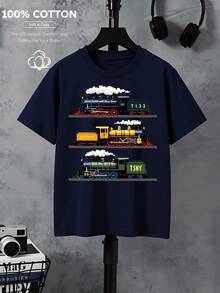 100% Cotton T-Shirt For Boys, With Vintage Steam Locomotive Design, Machine Washable, Suitable For All Seasons, Ideal For Outdoor Activities, Soft And Knitted, Comfortable And Breathable, With Cute And Interesting Designs. - 酒紅色 - 查看 7