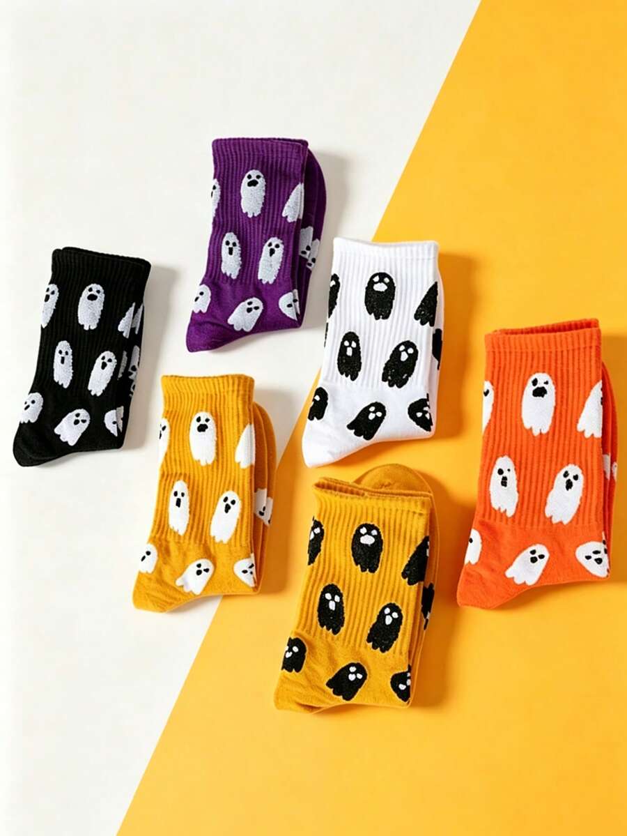 2/4 Pairs Ghost Print Crew Socks, Cute Spooky Casual Breathable Novelty Socks (Random) - Multicolor - View 1