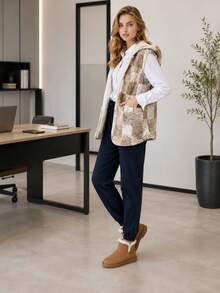 Women's Winter Fleece Vest With Reversible Hood. - Beige - View 1