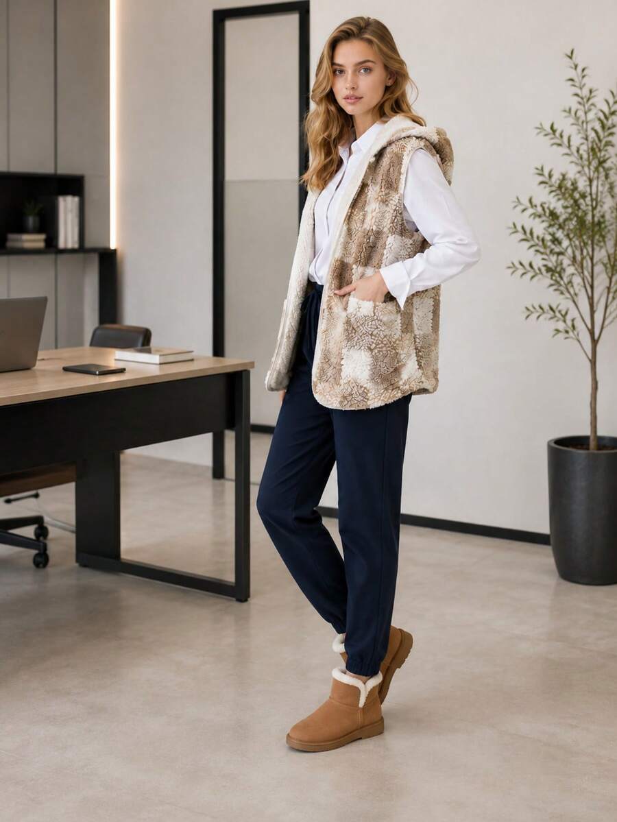 Women's Winter Fleece Vest With Reversible Hood. - Beige - View 1