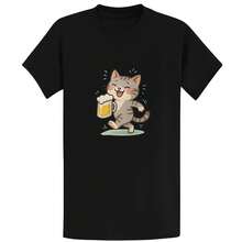 Men's Printed Short-Sleeve T-Shirt, Casual Office Wear, Everyday Wear, 100% Cotton. T-Shirt With A Cat Drinking Beer Design - A Fun Gift For Cat Lovers - 100% Pure Cotton. - 黑色 - 查看 1